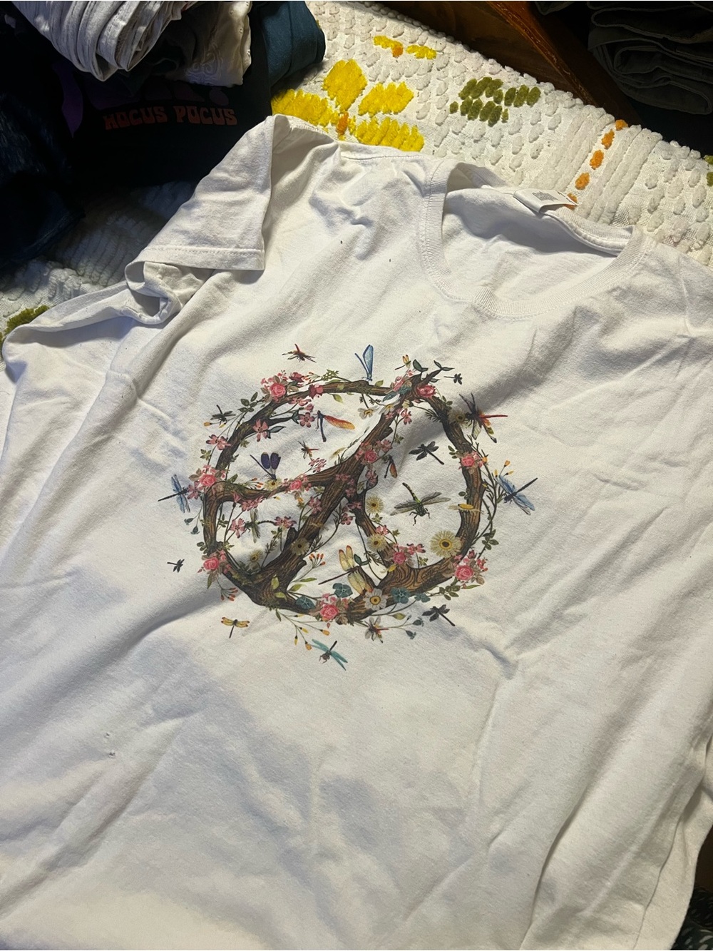 Gildan White Tee with Floral Peace & Dragonfly Graphic